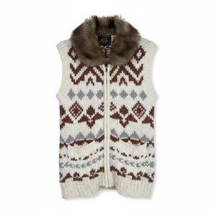 Frenchi Fair Isle Faux Fur Collar Knit Zip Up Vest Cream Brown Scandi Cottage‎